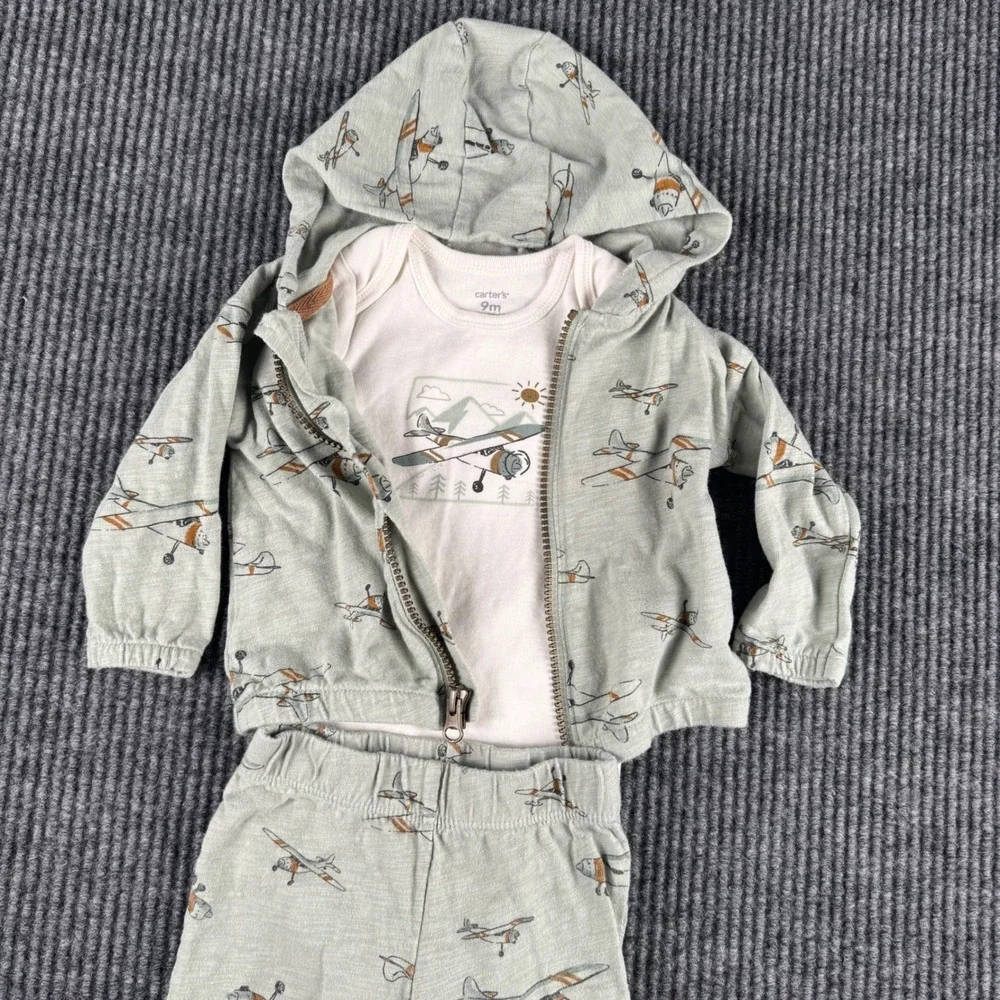 Carters Baby 9M 3-Piece‎ Airplane Set Sage Green Hoodie Joggers Onesie Aviation